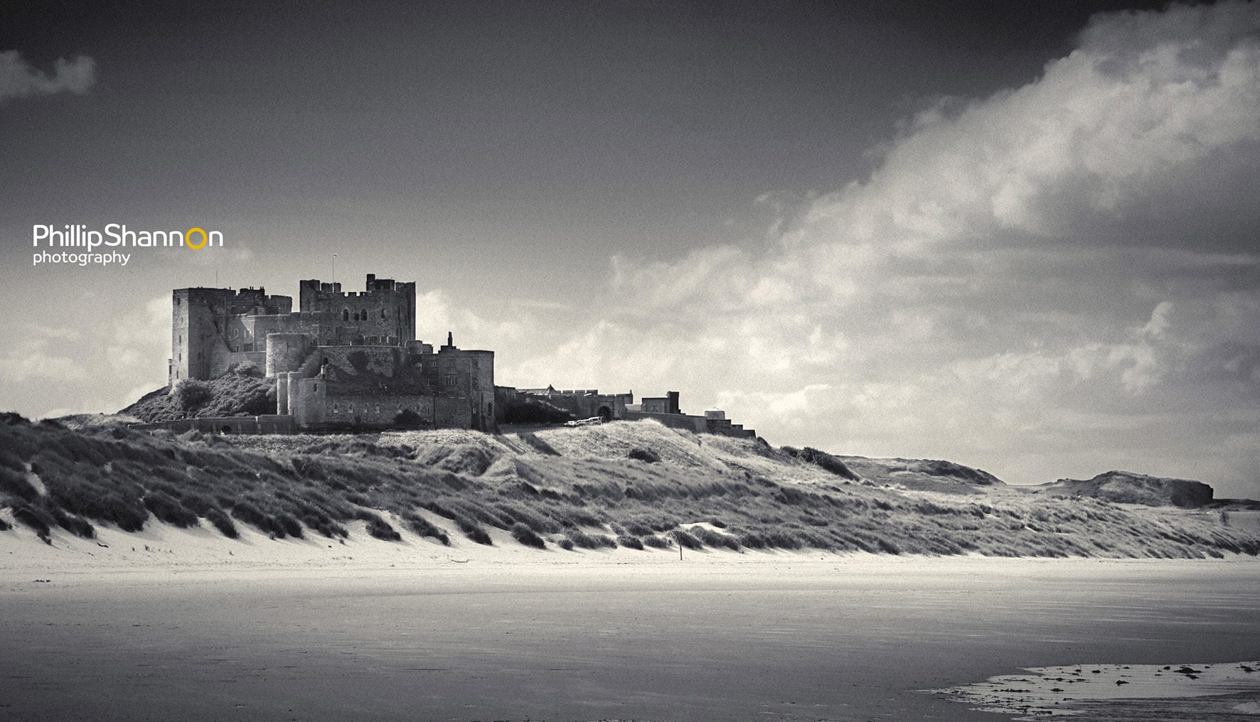 Bamburgh Castle black and white landscape